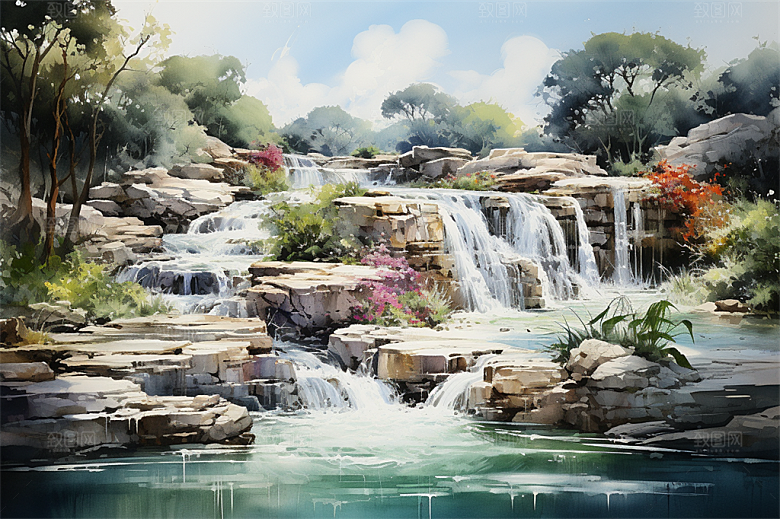高山流水绿色植物风景秀丽插画