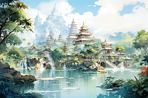 西双版纳傣式宫殿山水风景画
