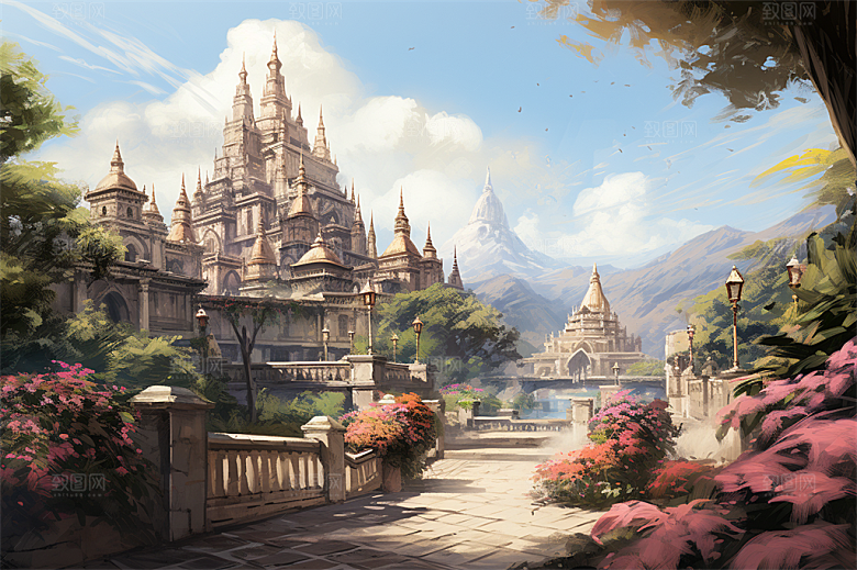 西双版纳傣式宫殿山水风景画