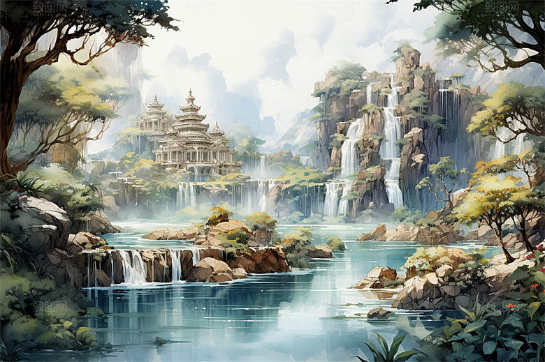 西双版纳傣式宫殿山水风景画