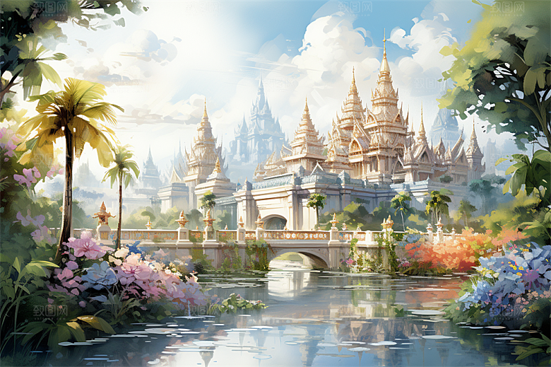 西双版纳傣式宫殿山水风景画