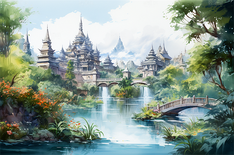 西双版纳傣式宫殿山水风景画