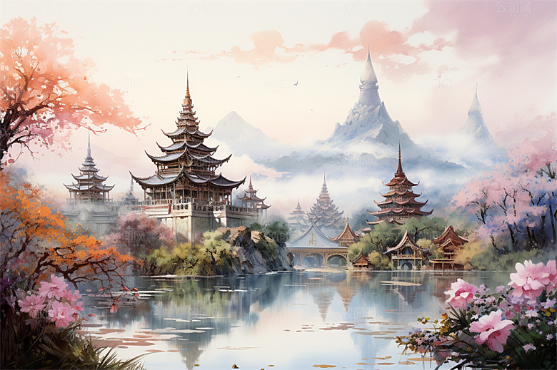 西双版纳傣式宫殿山水风景画