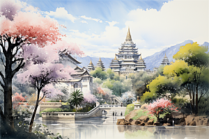 西双版纳傣式宫殿山水风景画
