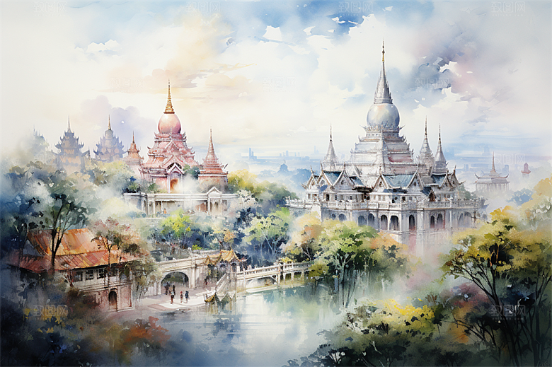西双版纳傣式宫殿山水风景画