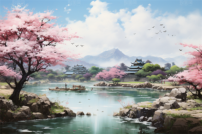 小河流水江南水乡国风建筑