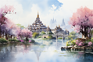 西双版纳傣式宫殿山水风景画