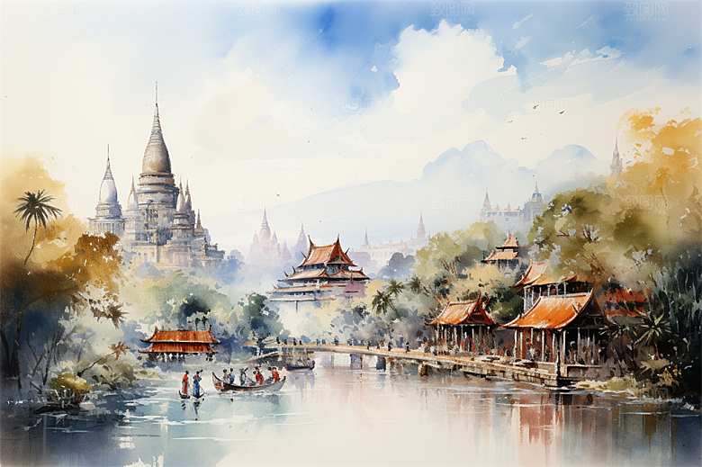 西双版纳傣式宫殿山水风景画