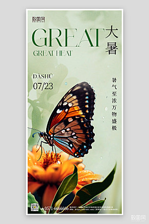 传统节气大暑蝴蝶花朵手机海报