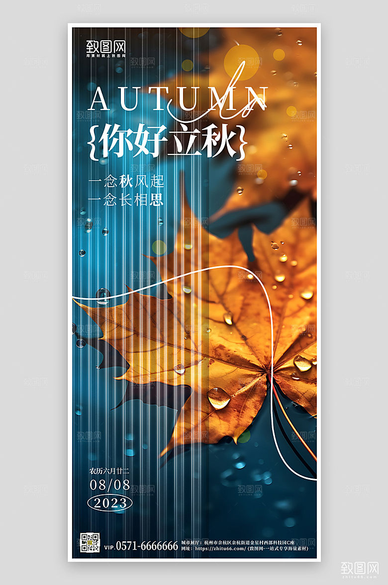 中国传统节气立秋枫叶落叶手机海报