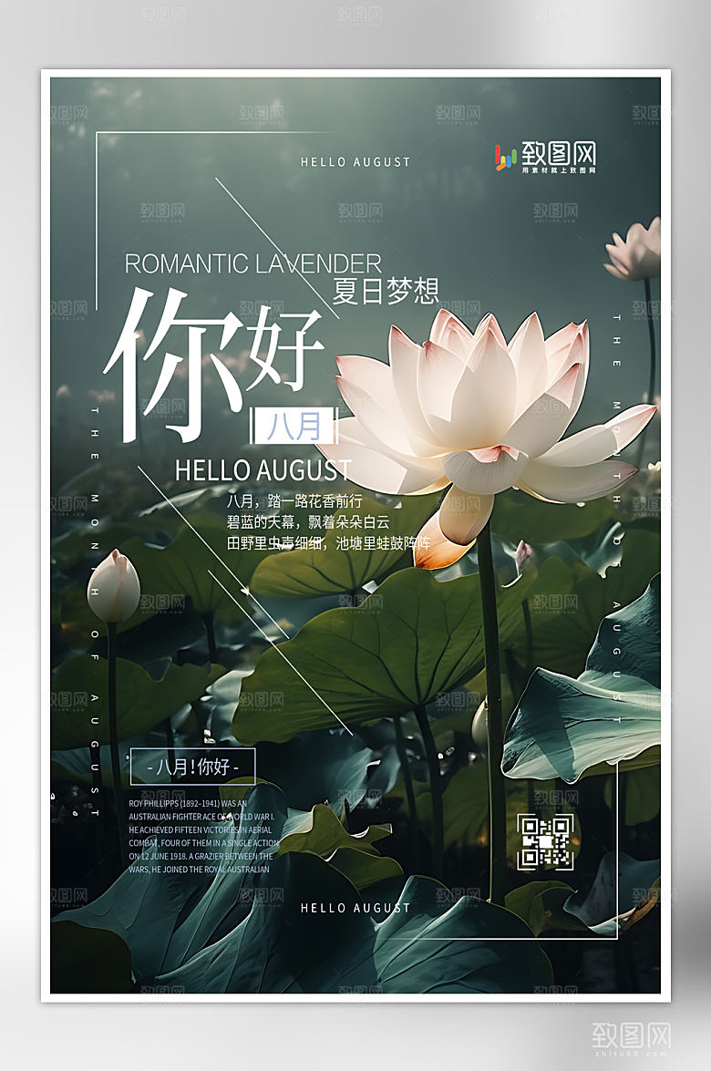 简约八月你好海报