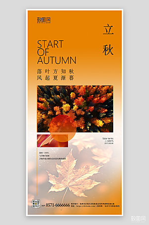 中国传统节气立秋橙色简约手机海报