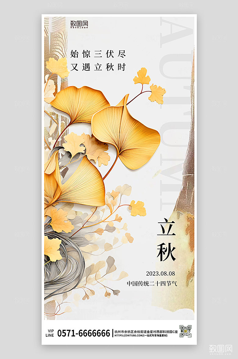中国传统节气立秋银杏叶简约海报