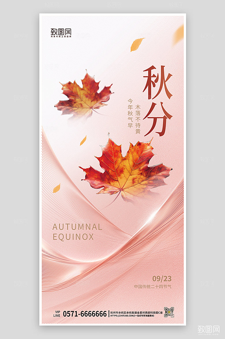 传统节气秋分落叶手机海报