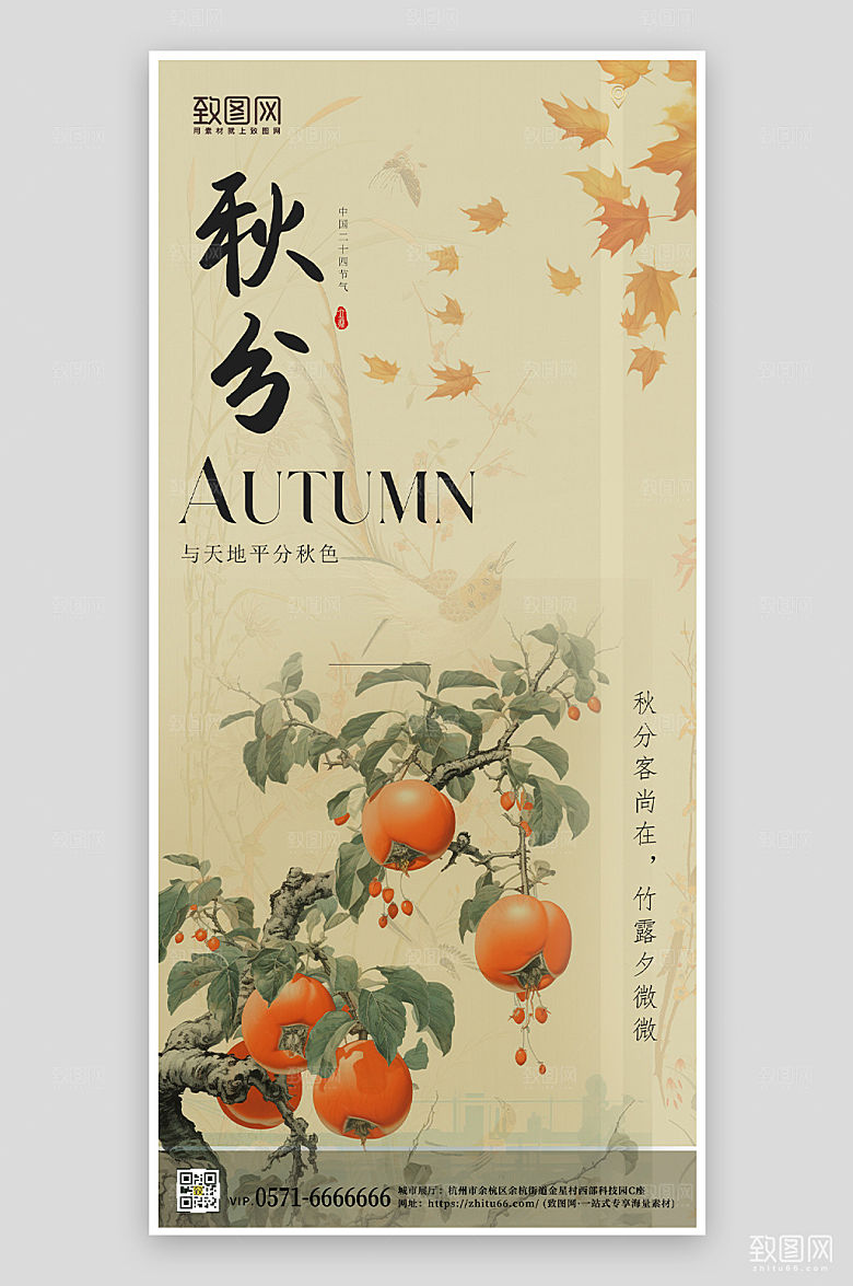 中国传统节气秋分中国风柿子落叶手机海报