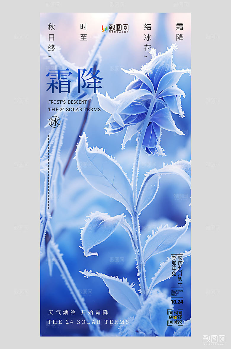 霜降节气冰花窗花蓝色油画风手机海报