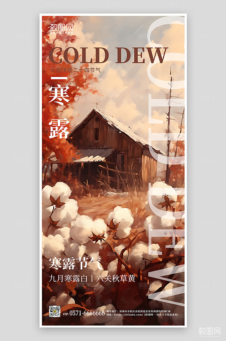 传统节气寒露手绘棉花手机海报