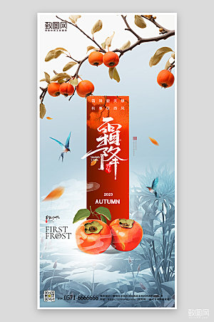 中国传统节气霜降柿子简约手机海报