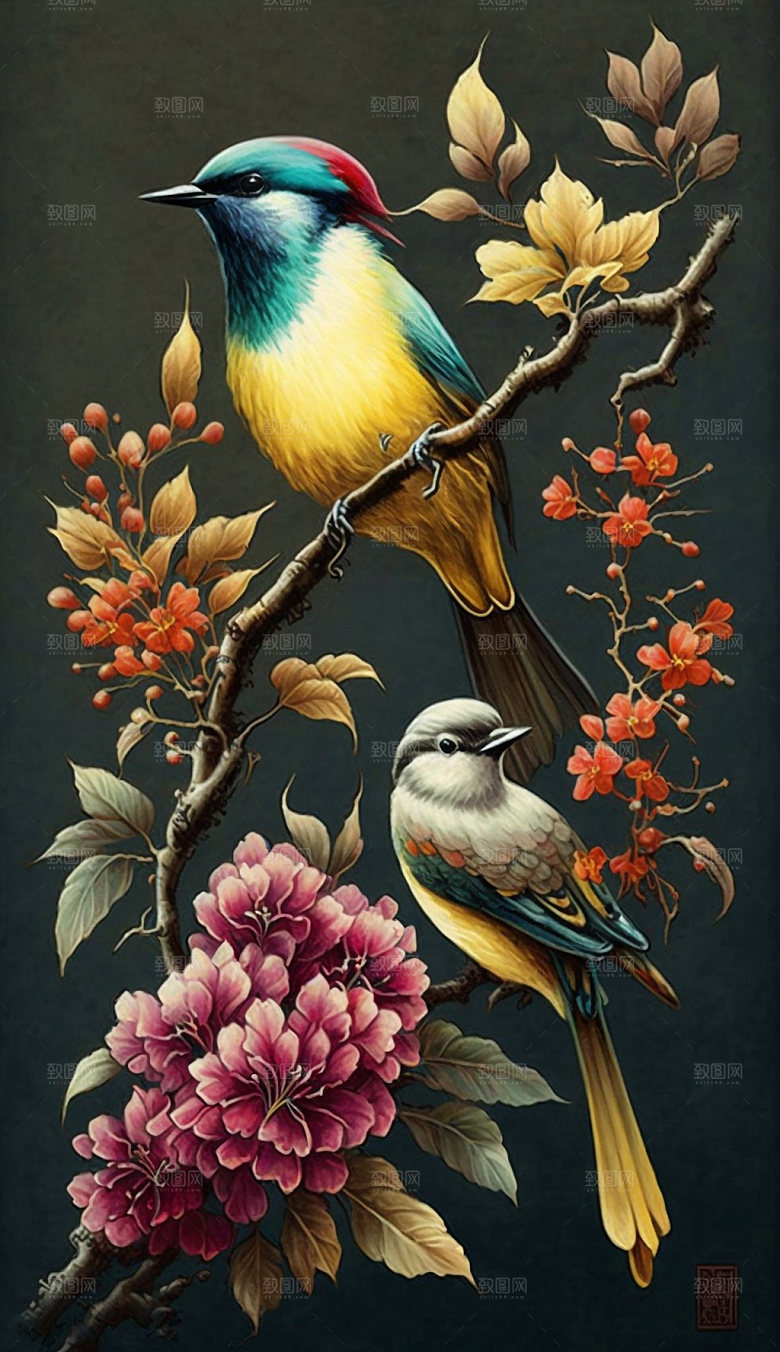 花鸟山水中式国画