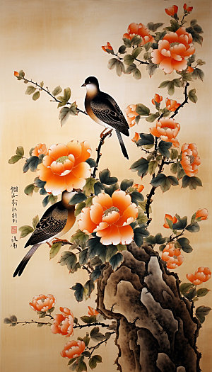 花鸟中式山水国画
