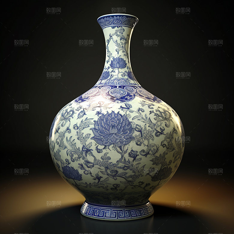 青花瓷花瓶瓷器模型