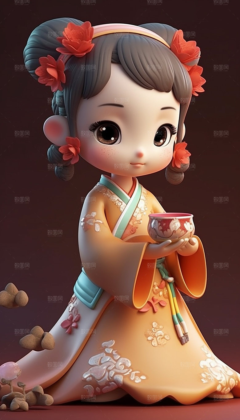 汉服儿童中国风人偶模型