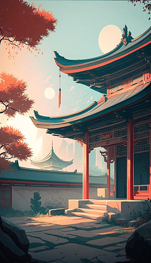 国潮风寺庙传统建筑插画