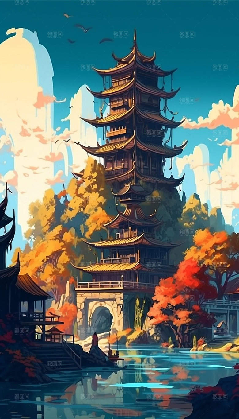 国潮风塔传统建筑插画