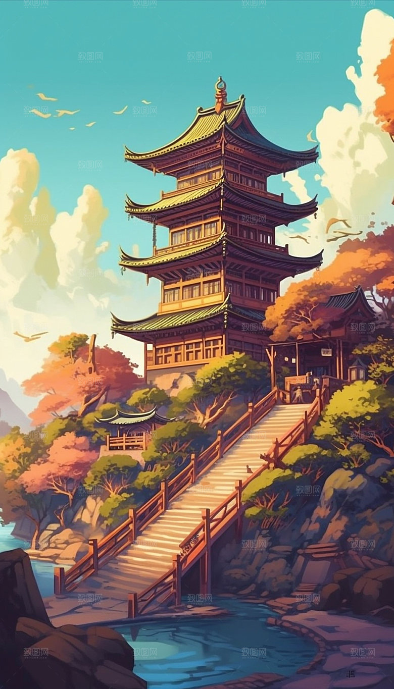 国潮风楼阁寺庙建筑插画