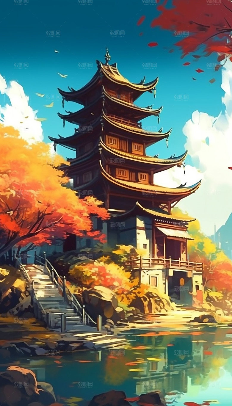 国潮风楼阁寺庙建筑插画