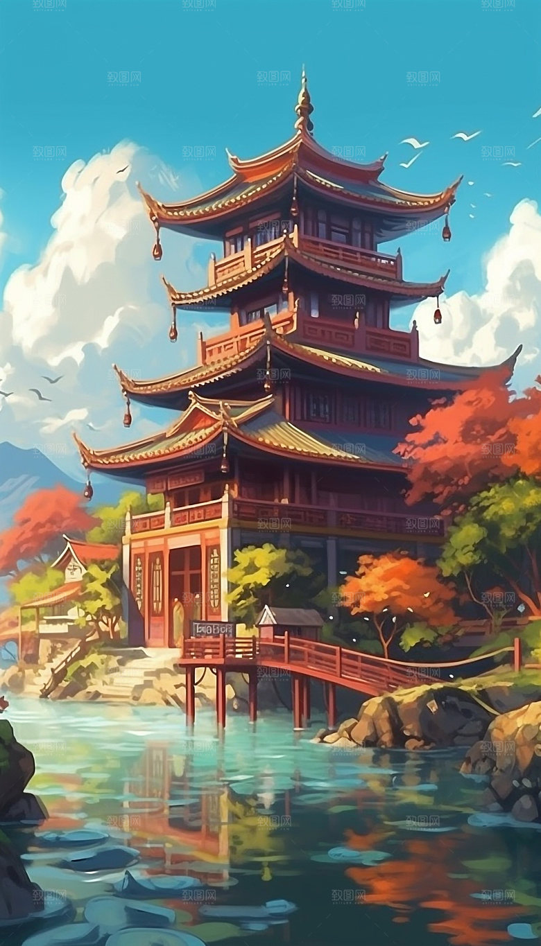国潮风寺庙手绘建筑插画