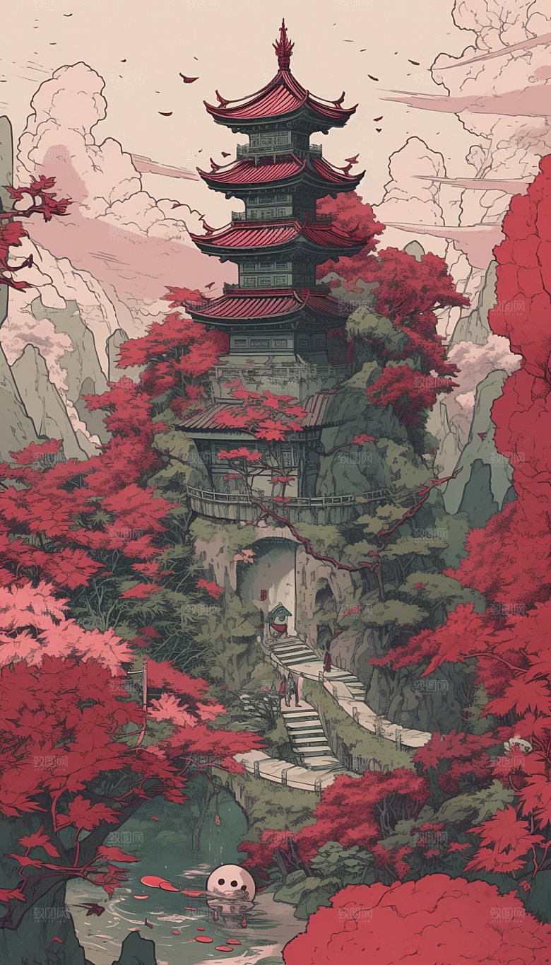 国潮风寺庙楼阁建筑插画