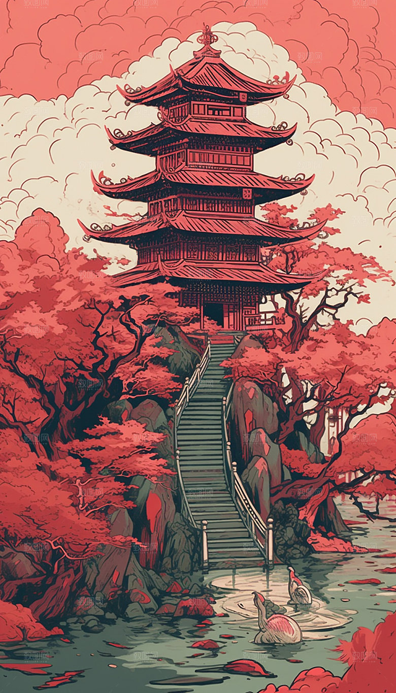 国潮风传统手绘建筑插画
