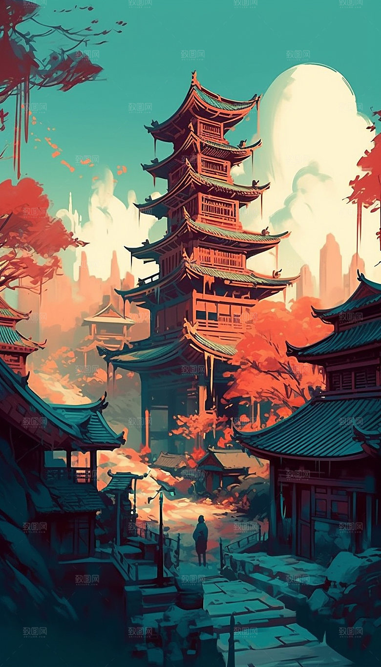 国潮风手绘中国风建筑插画