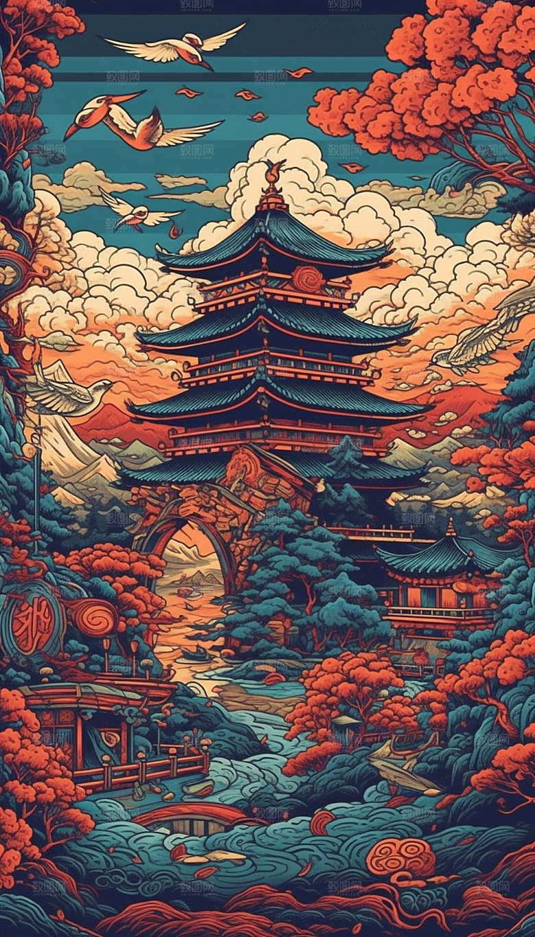 国潮风楼阁传统建筑插画