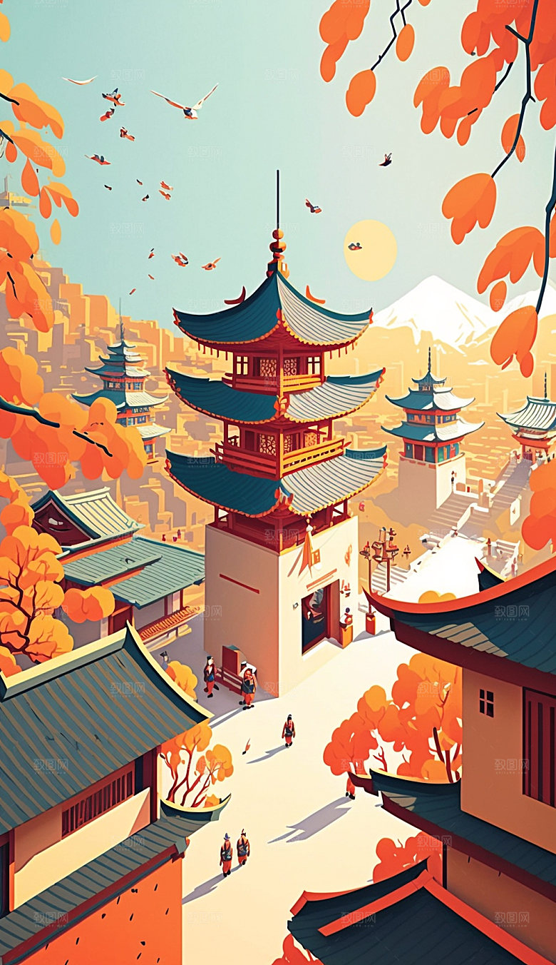 国潮风寺庙楼阁建筑插画