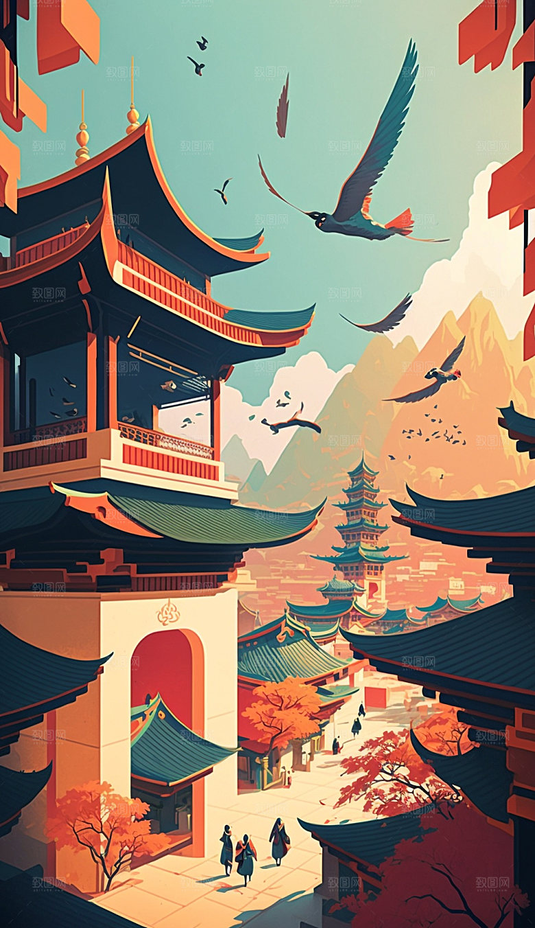 国潮风手绘传统建筑插画