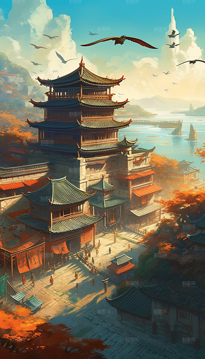 国潮风寺庙楼阁建筑插画