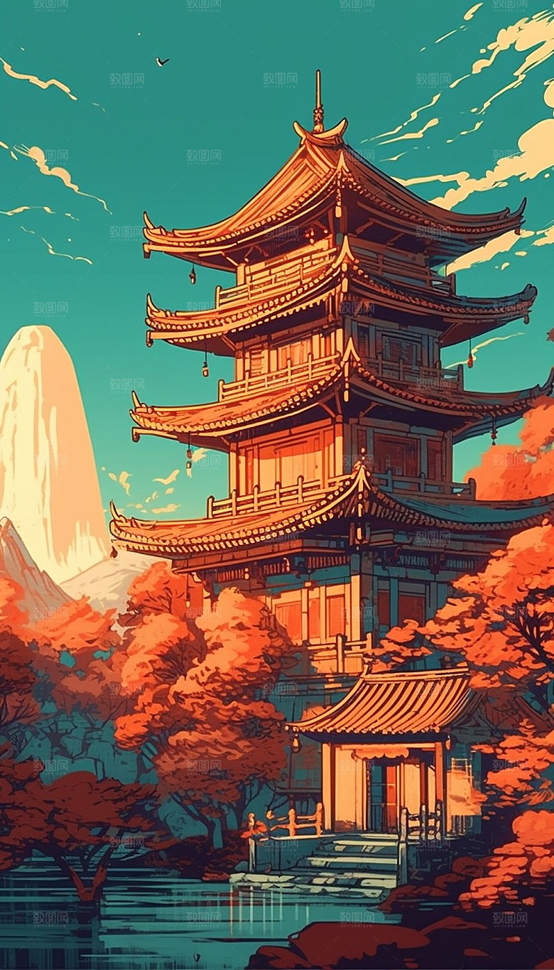 国潮风手绘塔建筑插画