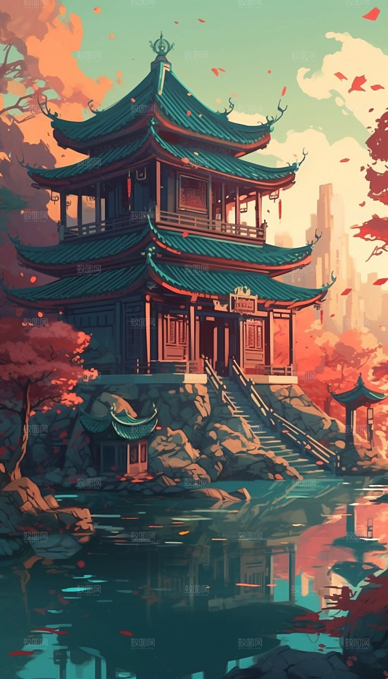 国潮风寺庙手绘建筑插画
