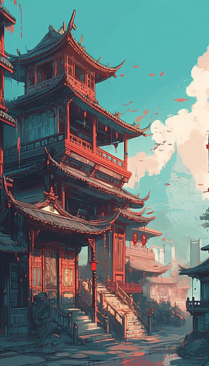国潮风中国风塔建筑插画