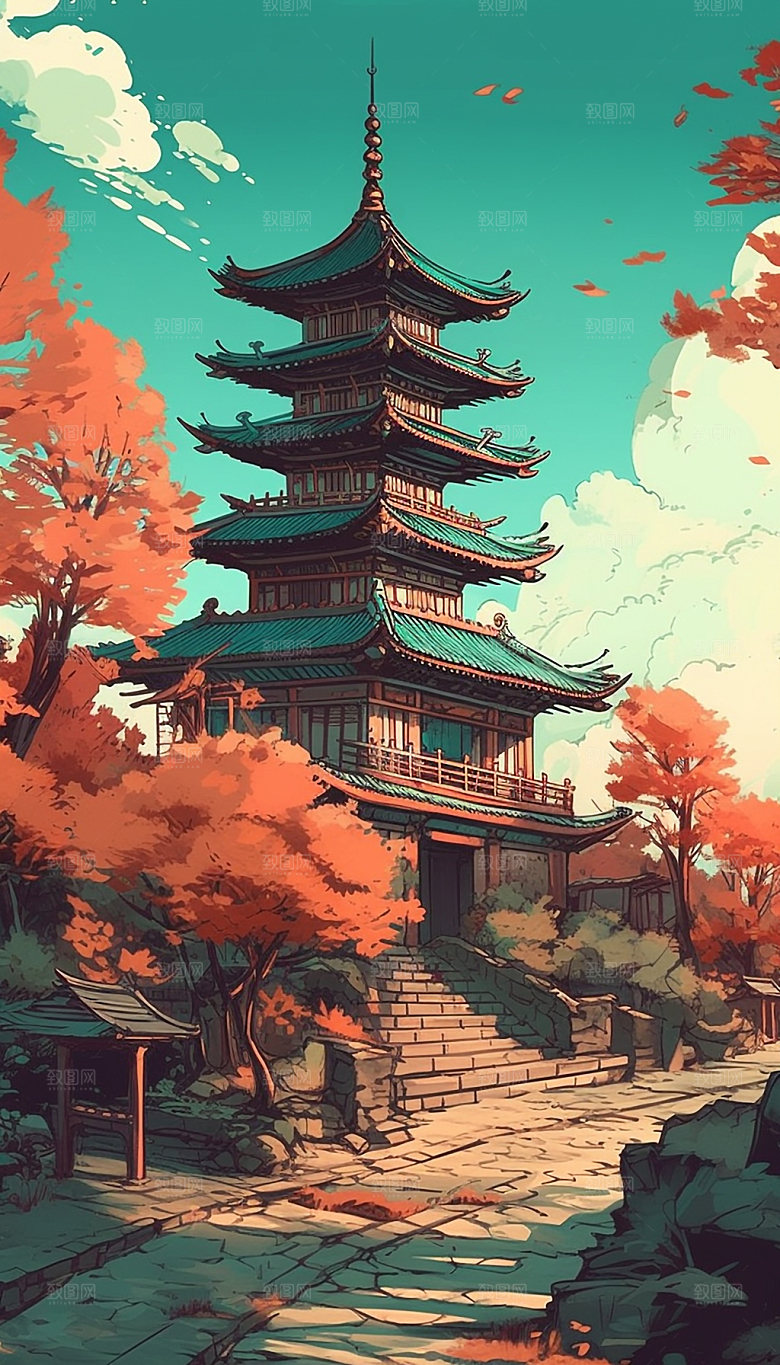 国潮风塔寺庙建筑插画