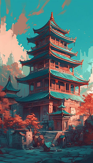 国潮风传统楼阁建筑插画