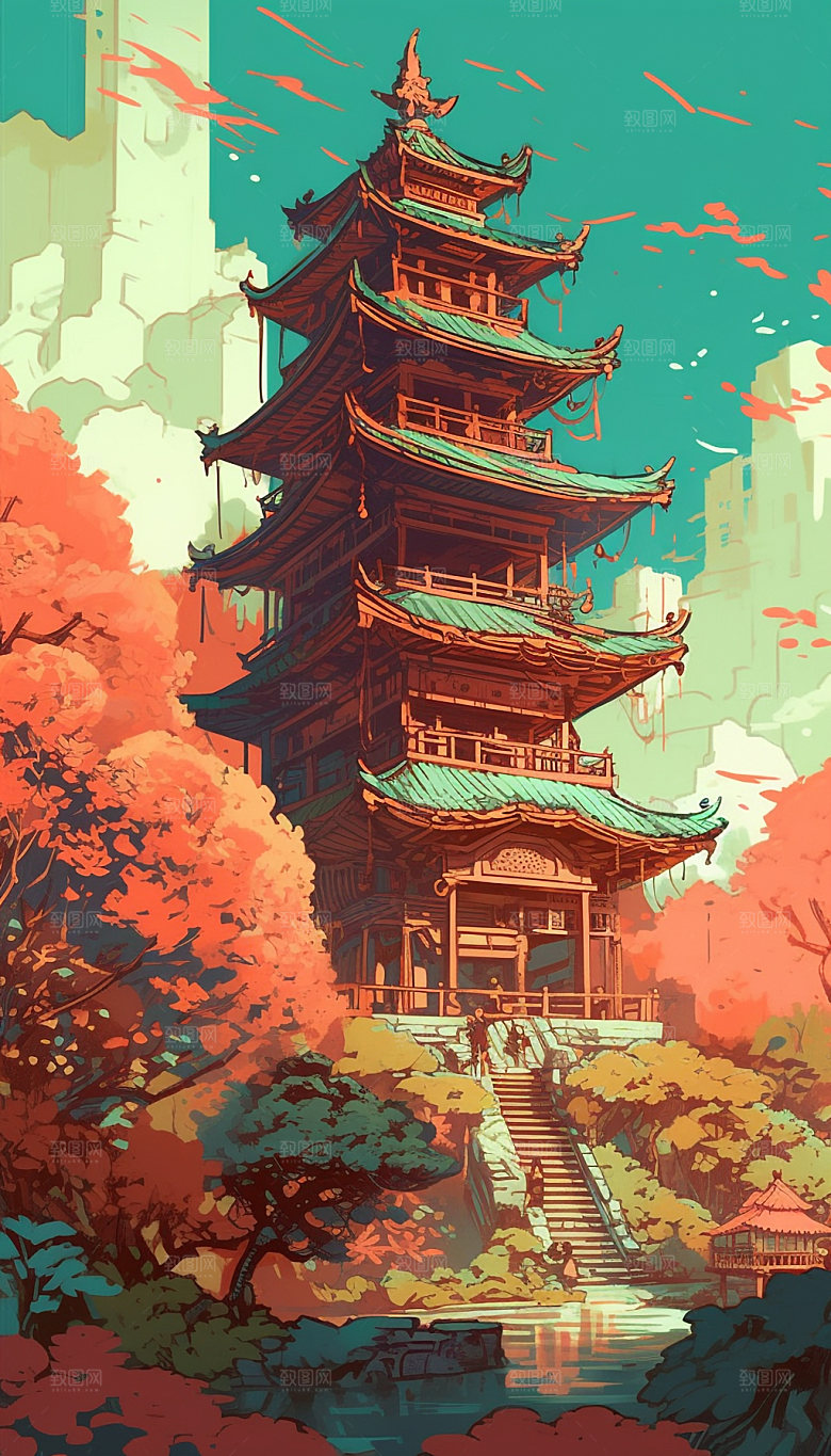 国潮风寺庙塔建筑插画