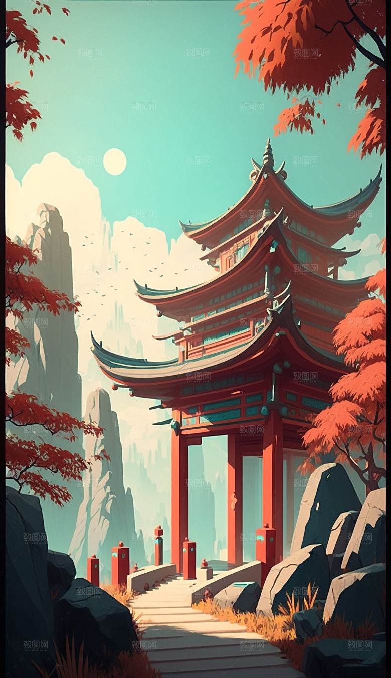 国潮风楼阁中国风建筑插画