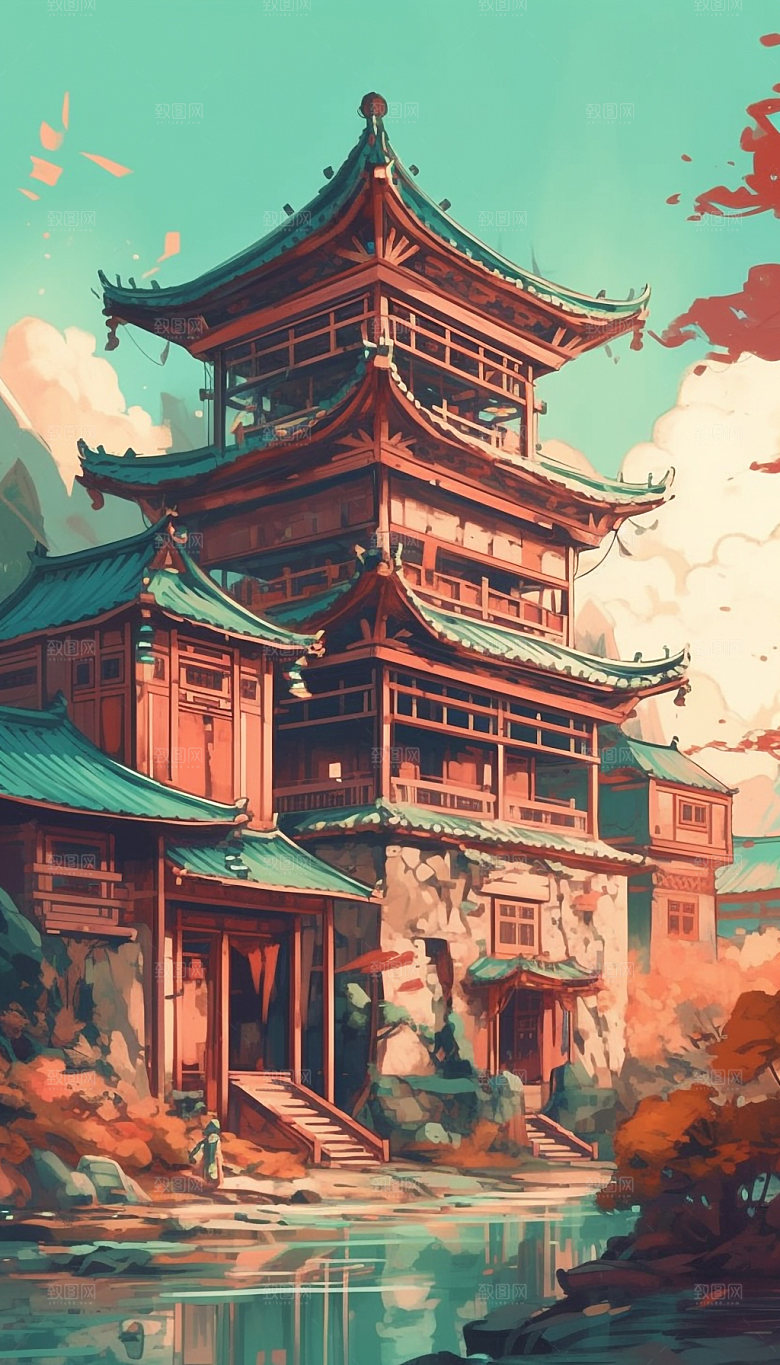 国潮风手绘寺庙建筑插画