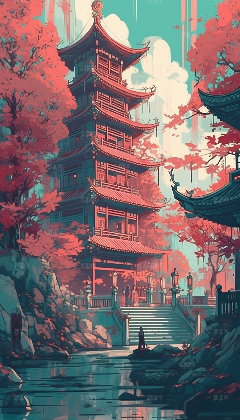 国潮风寺庙塔建筑插画