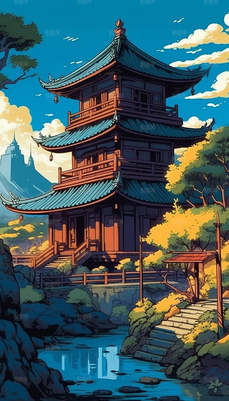 国潮风手绘塔建筑插画