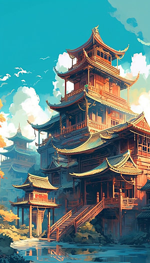国潮风塔传统建筑插画