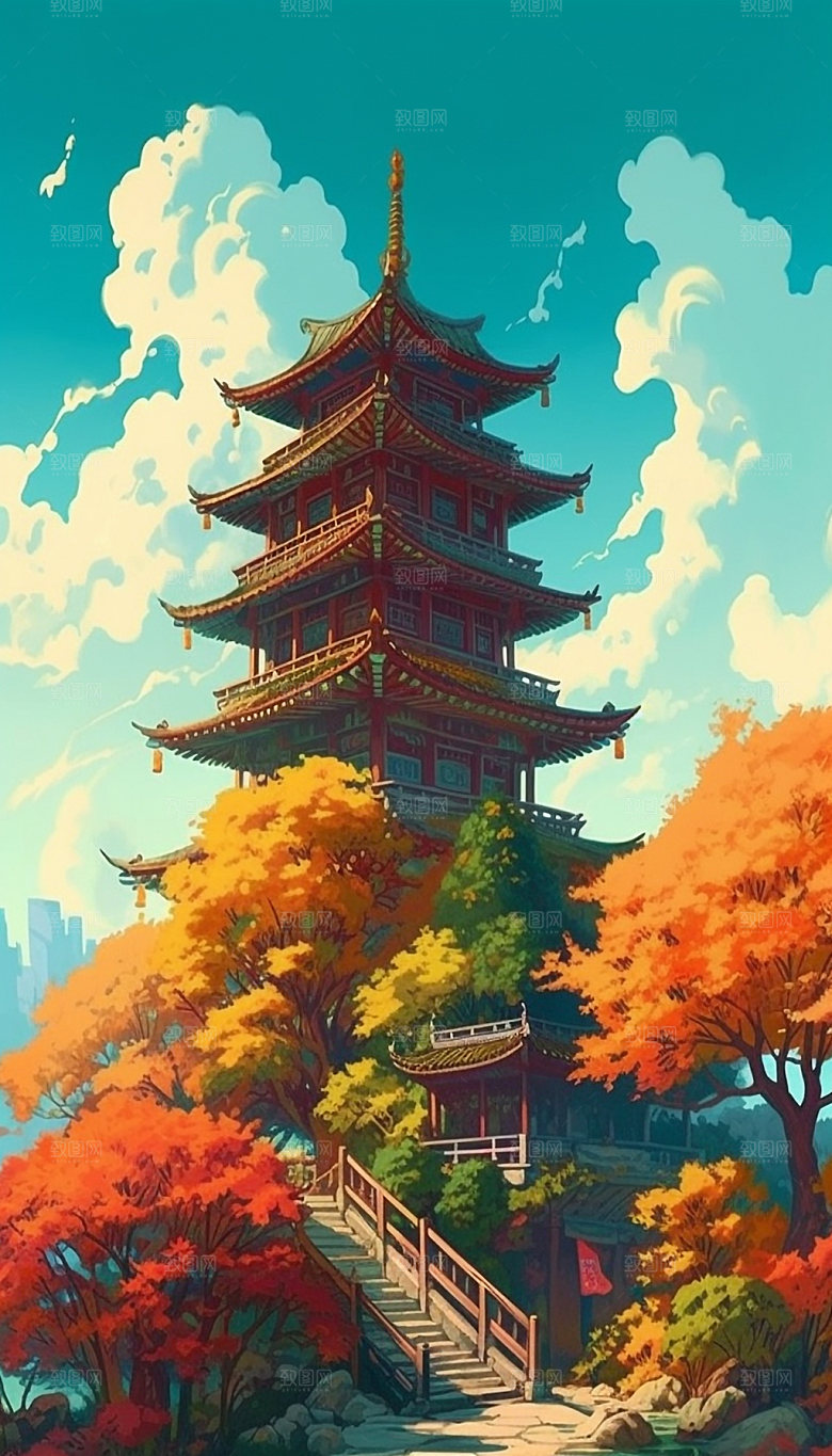 国潮风寺庙塔建筑插画